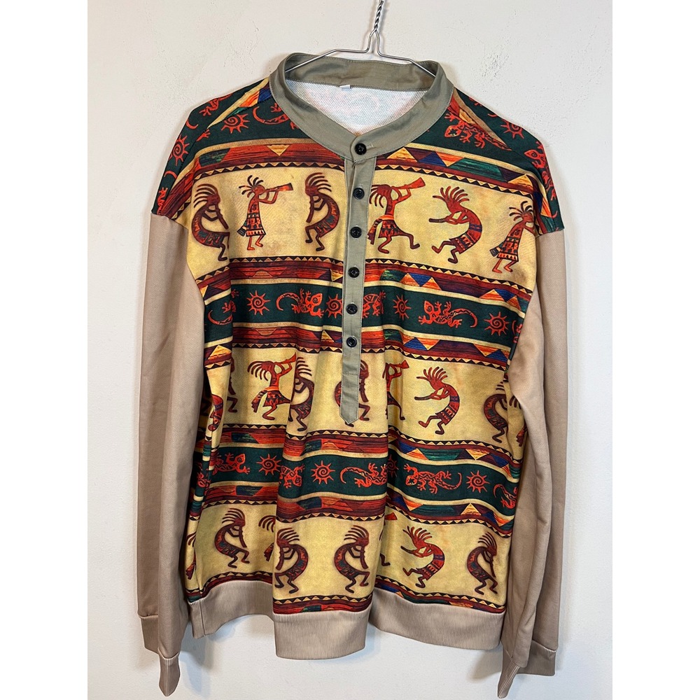 Unbranded Mens Henley Sweatshirt Kokopelli Southwest Print Tan XL